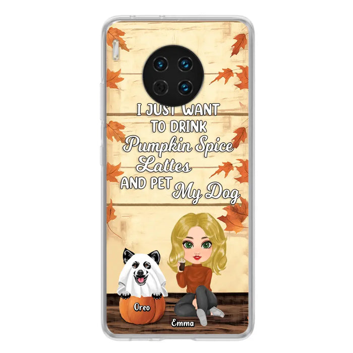 Custom Personalized Girl Dog/Cat Phone Case - Upto 5 Pets - Autumn Gift For Dog/Cat Lover - I Just Want To Drink Pumpkin Spice Lattes And Pet My Dogs - Case For Xiaomi/ Oppo/ Huawei