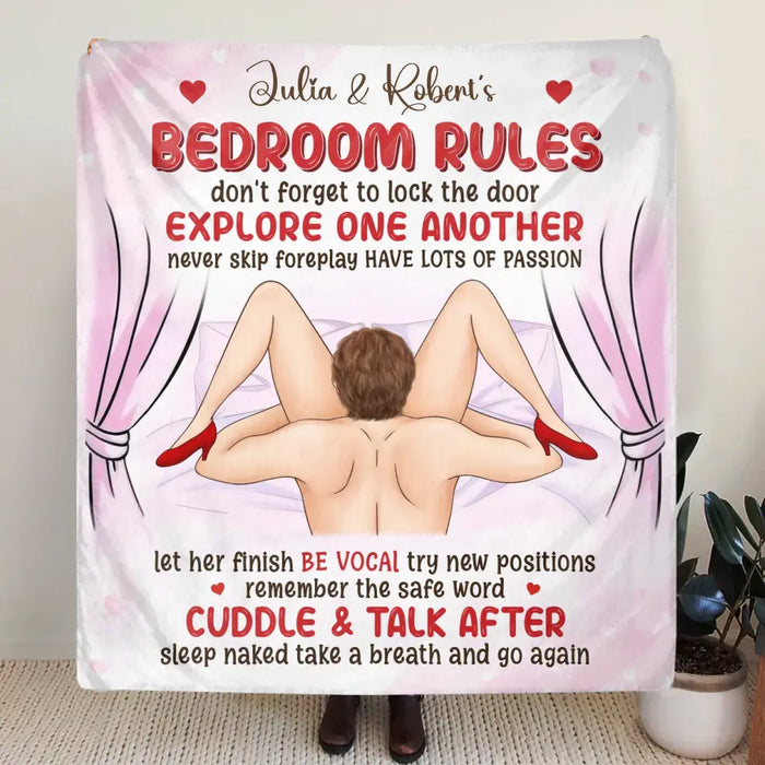 Personalized Couple Single Layer Fleece/Quilt Blanket - Anniversary/Wedding Gift Idea for Couple - Bedroom Rules Don't Forget To Lock The Door