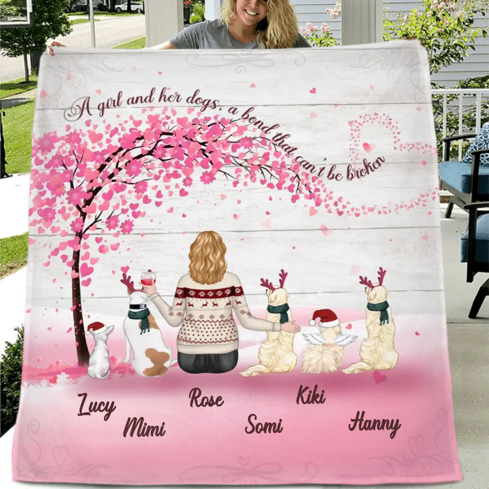 Personalized Dog Mom/Dad Quilt/Single Layer Fleece Blanket - Mom/Dad With Up To 5 Dogs - Gift Idea For Dog Lovers - A Girl And Her Dogs, A Bond That Can't Be Broken