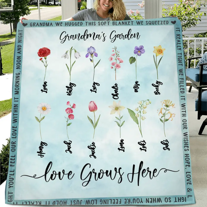 Personalized Grandma Garden Quilt/Single Layer Fleece Blanket - Gift Idea For Grandma - Upto 12 Flowers - Grandma's Garden