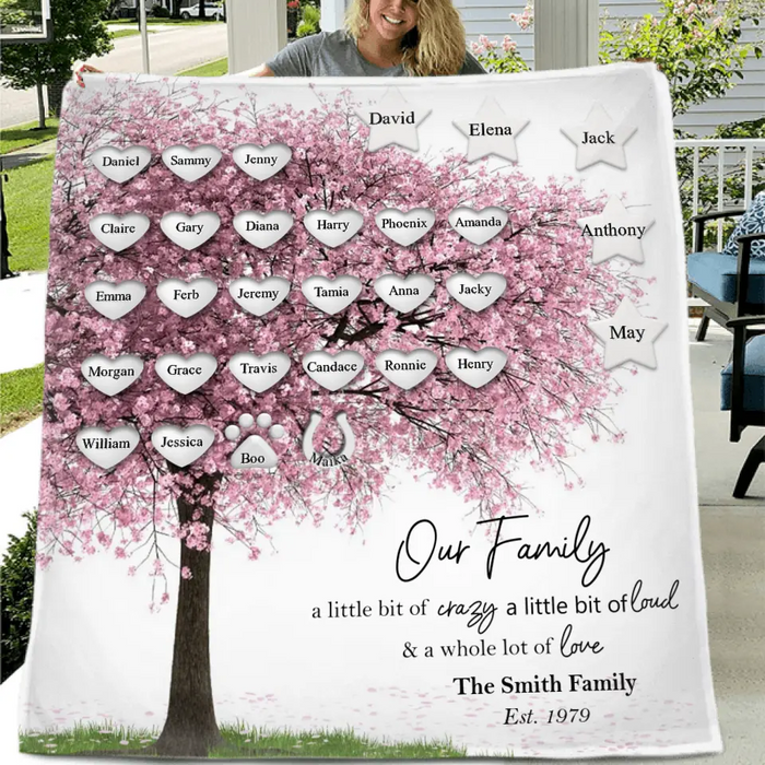 Custom Personalized Family Tree Fleece Throw Blanket/Quilt Blanket - Upto 30 People/Pets - Gift Idea for Family - Our Family A Little Bit Of Crazy A Little Bit Loud & A Whole Lot Of Love