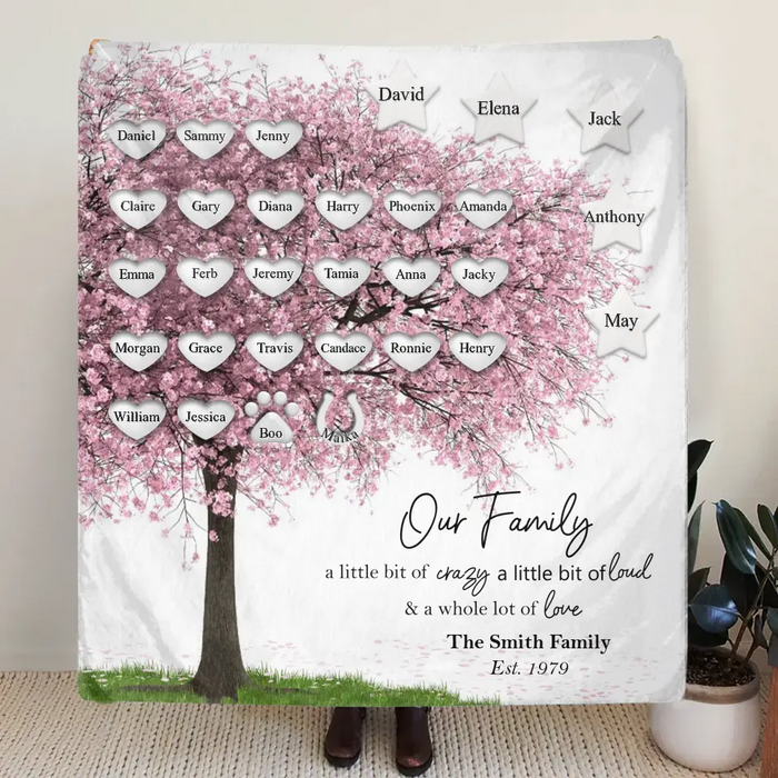 Custom Personalized Family Tree Fleece Throw Blanket/Quilt Blanket - Upto 30 People/Pets - Gift Idea for Family - Our Family A Little Bit Of Crazy A Little Bit Loud & A Whole Lot Of Love