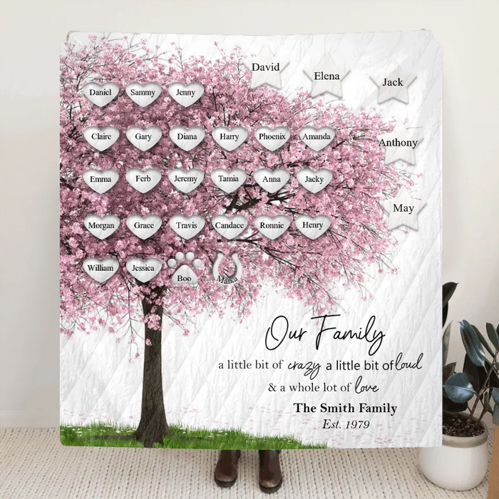 Custom Personalized Family Tree Fleece Throw Blanket/Quilt Blanket - Upto 30 People/Pets - Gift Idea for Family - Our Family A Little Bit Of Crazy A Little Bit Loud & A Whole Lot Of Love