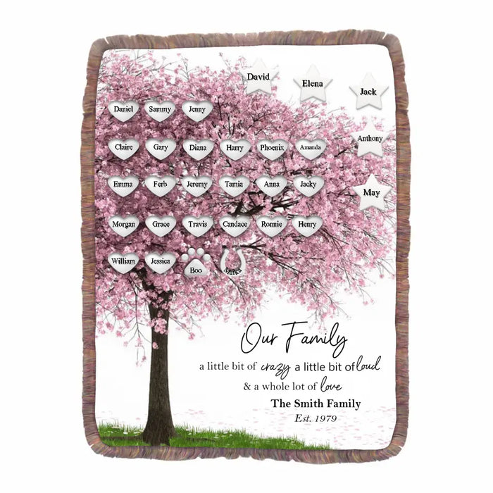 Custom Personalized Family Tree Fringe Blanket - Upto 30 People/Pets - Gift Idea for Family - Our Family A Little Bit Of Crazy A Little Bit Loud & A Whole Lot Of Love