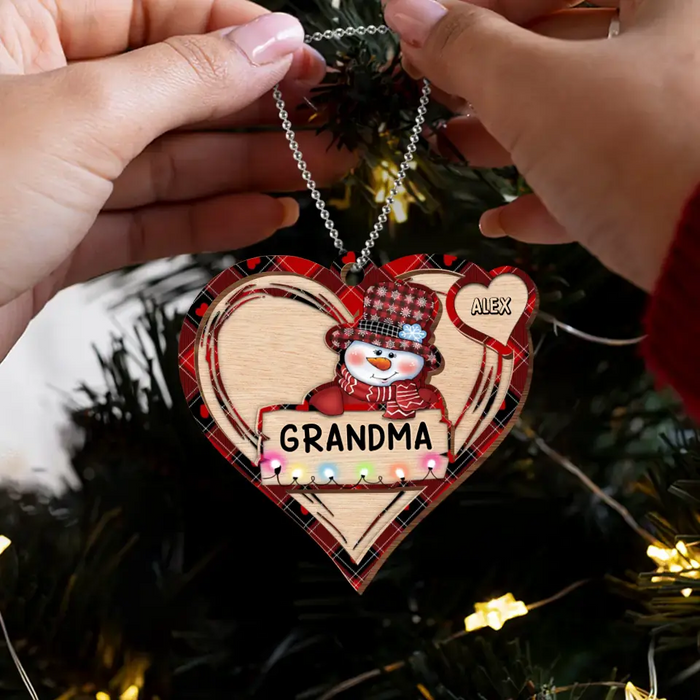 Custom Personalized Grandma Snowman 2 Layered Wooden Ornament - Upto 10 Kids - Christmas Gift To Grandma/ Nana/ Grandkid