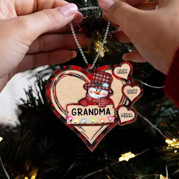 Custom Personalized Grandma Snowman 2 Layered Wooden Ornament - Upto 10 Kids - Christmas Gift To Grandma/ Nana/ Grandkid