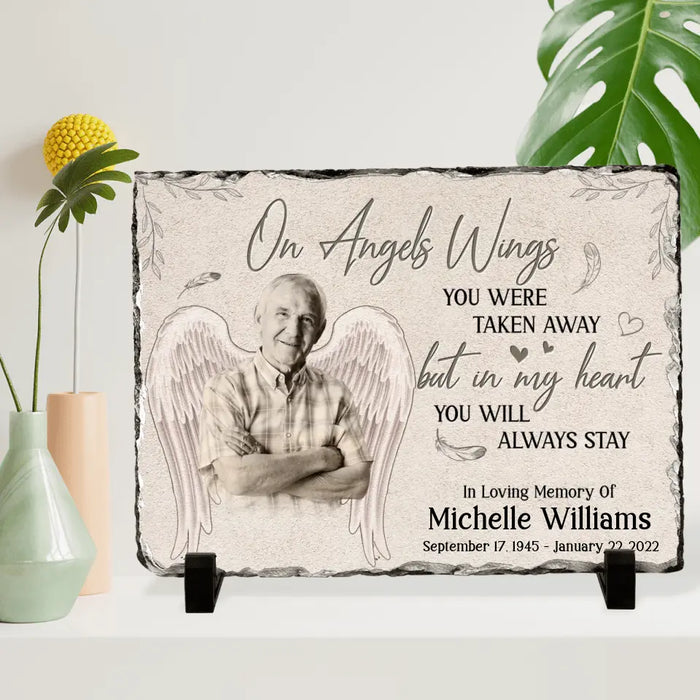 Custom Personalized Memorial Photo Lithograph - Memorial Gift Idea - On Angels Wings You Were Taken Away But In My Heart You Will Always Stay