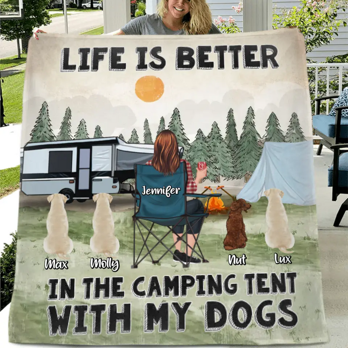 Personalized Camping Quilt/Single Layer Fleece Blanket/Pillow Cover - Gift Idea For Girl & Dogs - Upto 4 Dogs - Life Is Better In The Camping Tent With My Dogs