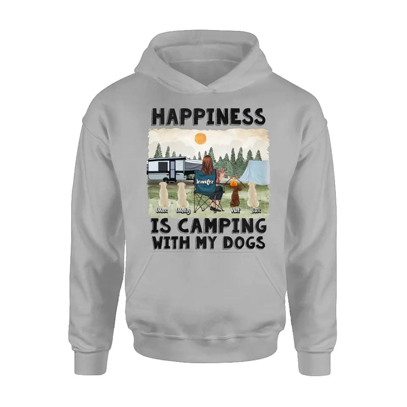 Personalized Camping Shirt/Hoodie - Gift Idea For Girl & Dogs - Up to 4 Dogs - Happiness Is Camping With My Dogs