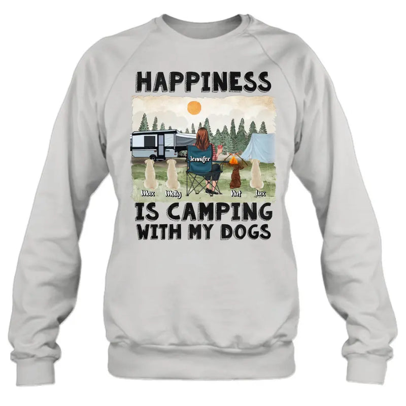Personalized Camping Shirt/Hoodie - Gift Idea For Girl & Dogs - Up to 4 Dogs - Happiness Is Camping With My Dogs
