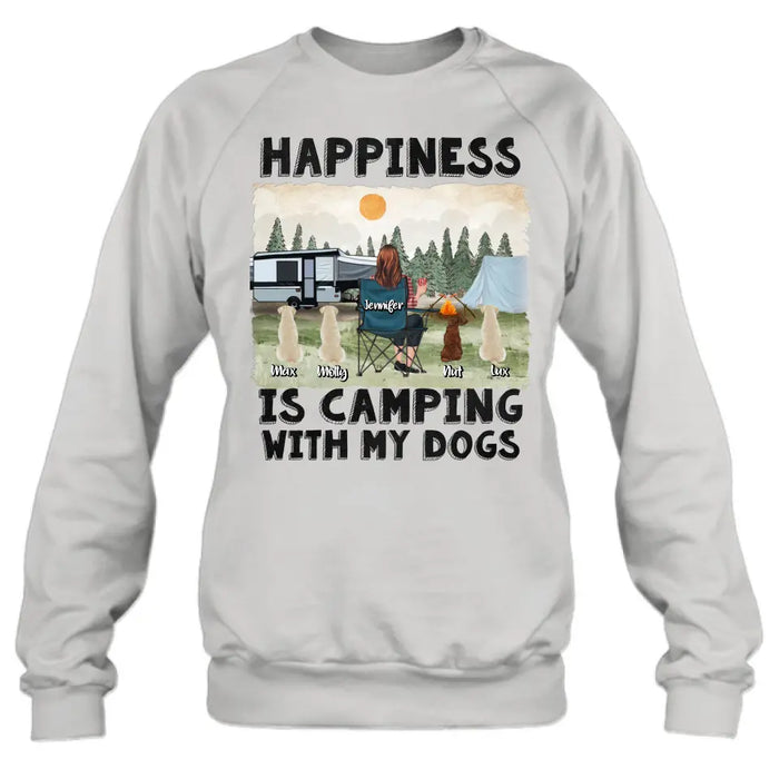 Personalized Camping Shirt/Hoodie - Gift Idea For Girl & Dogs - Upto 4 Dogs - Happiness Is Camping With My Dogs