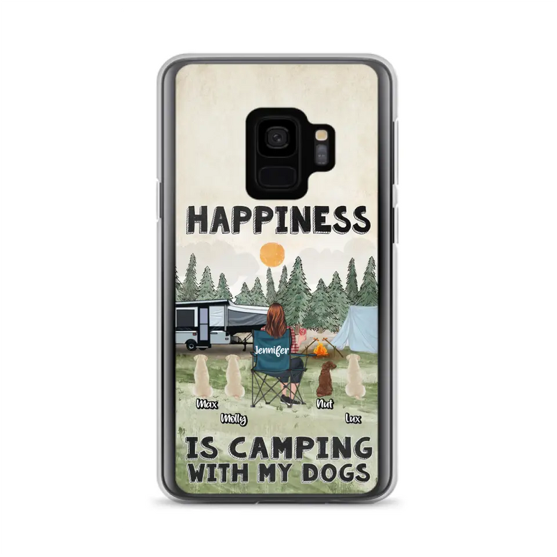 Personalized Camping Phone Case - Gift Idea For Girl & Dogs - Up to 4 Dogs - Happiness Is Camping With My Dogs - Case For iPhone/Samsung
