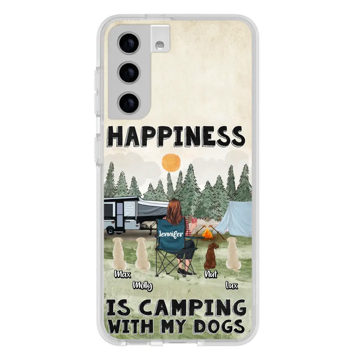 Personalized Camping Phone Case - Gift Idea For Girl & Dogs - Upto 4 Dogs - Happiness Is Camping With My Dogs - Case For iPhone/Samsung