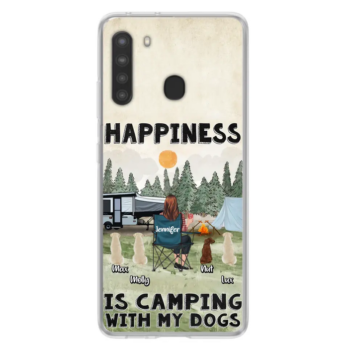 Personalized Camping Phone Case - Gift Idea For Girl & Dogs - Upto 4 Dogs - Happiness Is Camping With My Dogs - Case For iPhone/Samsung