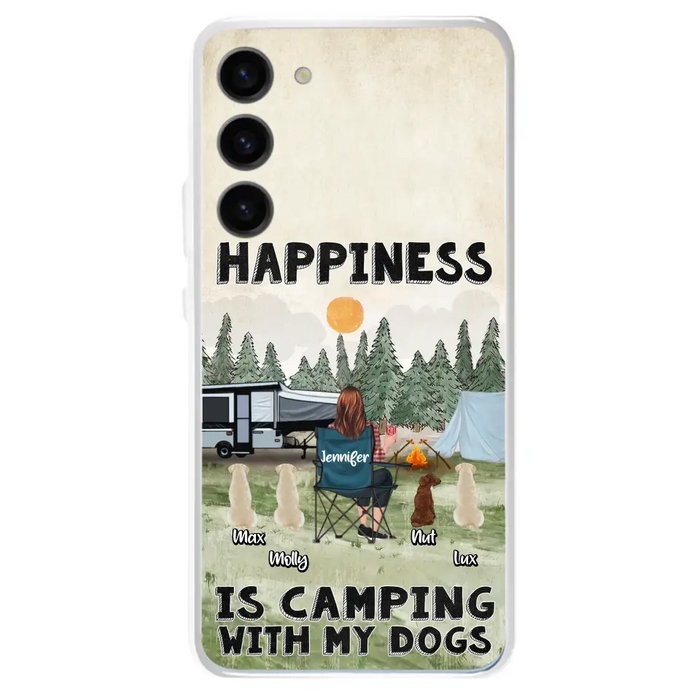 Personalized Camping Phone Case - Gift Idea For Girl & Dogs - Upto 4 Dogs - Happiness Is Camping With My Dogs - Case For iPhone/Samsung