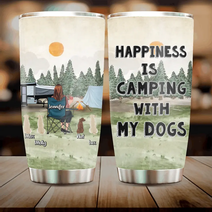 Personalized Camping Tumbler - Gift Idea For Girl & Dogs - Upto 4 Dogs - Happiness Is Camping With My Dogs