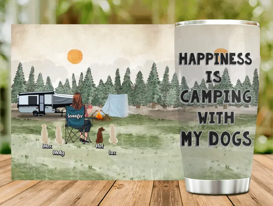 Personalized Camping Tumbler - Gift Idea For Girl & Dogs - Upto 4 Dogs - Happiness Is Camping With My Dogs