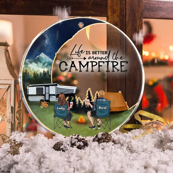 Custom Personalized Moon Camping Circle Acrylic Ornament - Couple/ Parents With Upto 2 Kids And 3 Pets - Christmas Gift Idea For Camping Lover/ Family - Life Is Better Around The Campfire