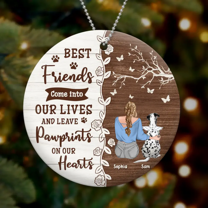 Custom Personalized Memorial Dog Circle Wooden Ornament - Up to 3 Pets - Memorial Gift Idea For Dog/Cat Lover - Best Friends Come Into Our Lives And Leave Paw Prints On Our Hearts