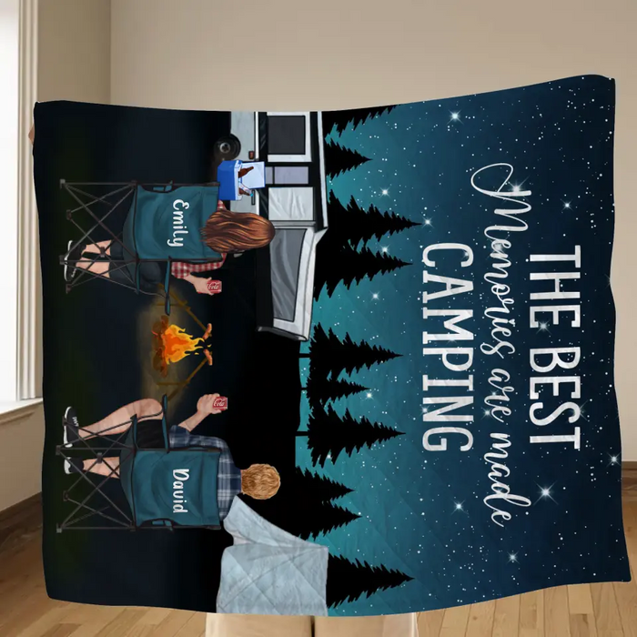 Personalized Camping Quilt/Single Layer Fleece Blanket - Gift Idea For Couple, Camping Lovers, Family - Upto 5 Kids, 4 Pets - The Best Memories Are Made Camping