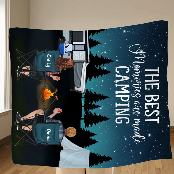 Personalized Camping Quilt/Single Layer Fleece Blanket - Gift Idea For Couple, Camping Lovers, Family - Upto 5 Kids, 4 Pets - The Best Memories Are Made Camping