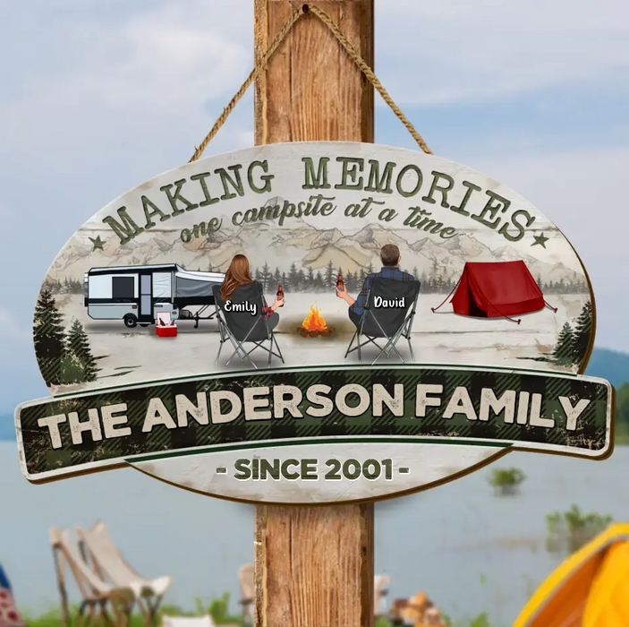 Custom Personalized Camping Wooden Sign - Gift Idea For Couple/ Family/ Camping Lovers - Couple/ Adult With Up to 3 Kids And 3 Pets - Making Memories One Campsite At A Time