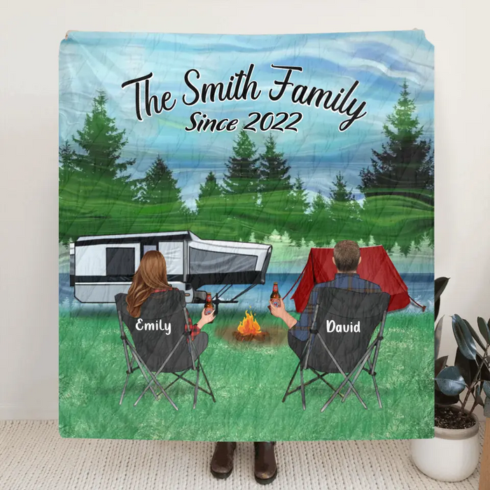 Personalized Camping Quilt/Single Layer Fleece Blanket - Gift Idea For Couple, Camping Lovers, Family - Upto 3 Kids, 3 Pets