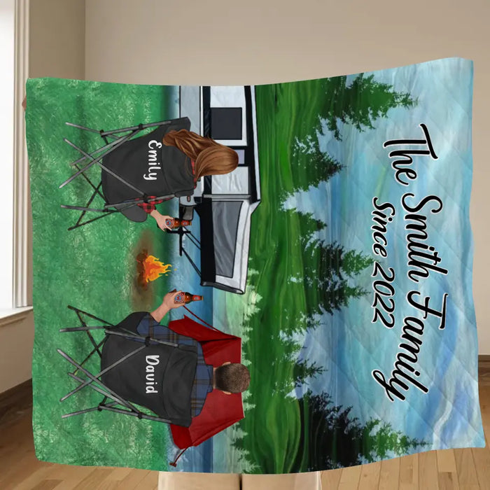 Personalized Camping Quilt/Single Layer Fleece Blanket - Gift Idea For Couple, Camping Lovers, Family - Upto 3 Kids, 3 Pets