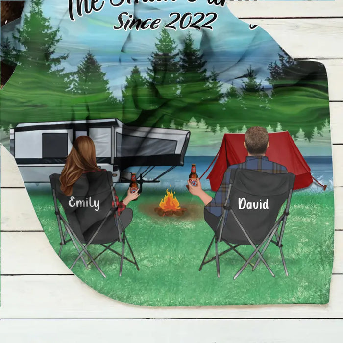 Personalized Camping Quilt/Single Layer Fleece Blanket - Gift Idea For Couple, Camping Lovers, Family - Upto 3 Kids, 3 Pets