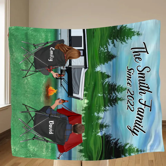 Personalized Camping Quilt/Single Layer Fleece Blanket - Gift Idea For Couple, Camping Lovers, Family - Upto 3 Kids, 3 Pets