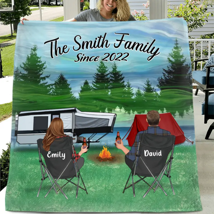 Personalized Camping Quilt/Single Layer Fleece Blanket - Gift Idea For Couple, Camping Lovers, Family - Upto 3 Kids, 3 Pets