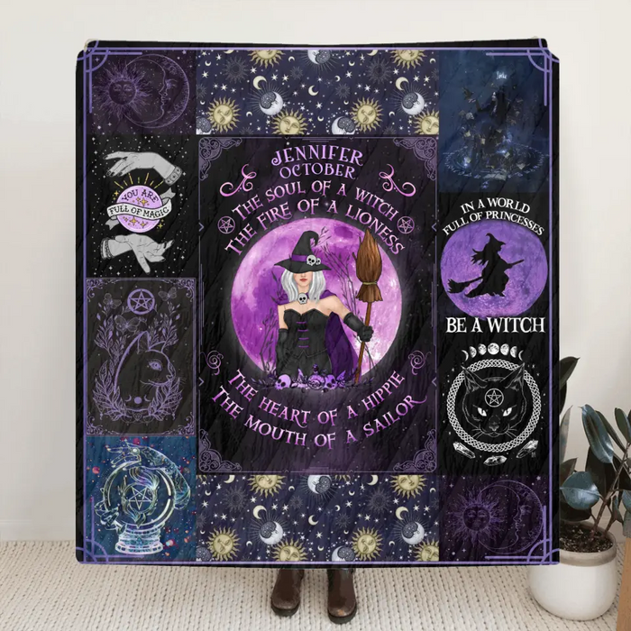 Custom Personalized Witch Quilt/Single Layer Fleece Blanket - Halloween Gift Idea For Witch Lovers - October Woman The Soul of A Witch The Fire Of A Lioness