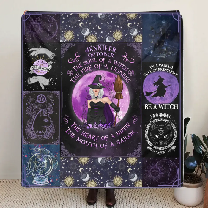 Custom Personalized Witch Quilt/Single Layer Fleece Blanket - Halloween Gift Idea For Witch Lovers - October Woman The Soul of A Witch The Fire Of A Lioness