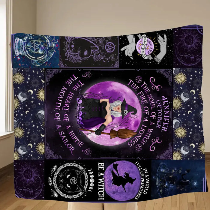 Custom Personalized Witch Quilt/Single Layer Fleece Blanket - Halloween Gift Idea For Witch Lovers - October Woman The Soul of A Witch The Fire Of A Lioness