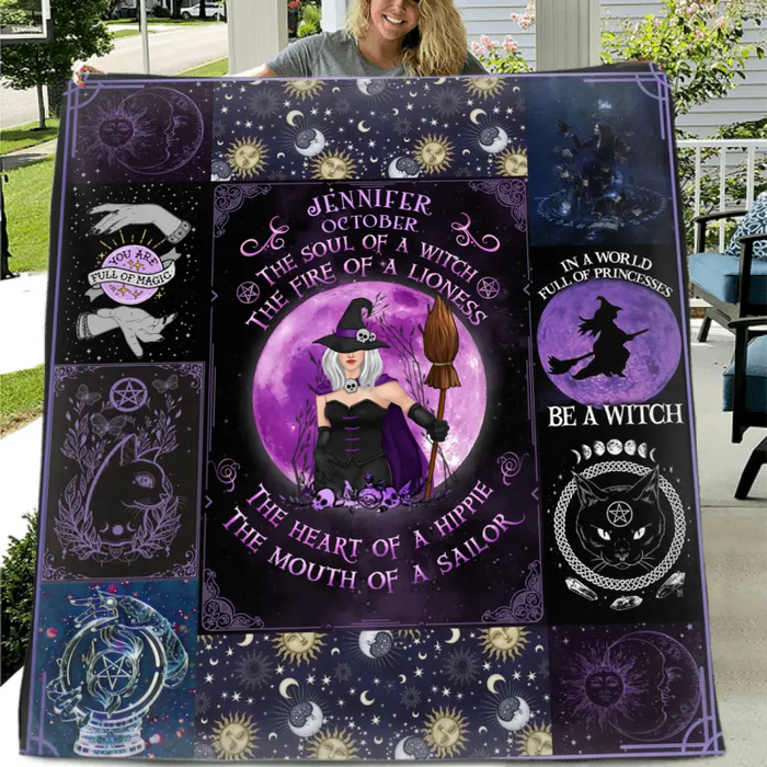 Custom Personalized Witch Quilt/Single Layer Fleece Blanket - Halloween Gift Idea For Witch Lovers - October Woman The Soul of A Witch The Fire Of A Lioness