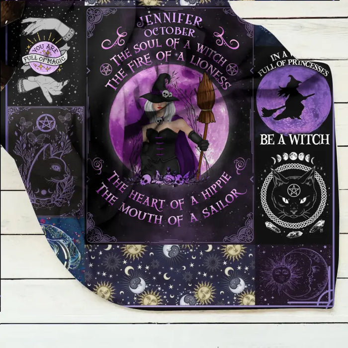 Custom Personalized Witch Quilt/Single Layer Fleece Blanket - Halloween Gift Idea For Witch Lovers - October Woman The Soul of A Witch The Fire Of A Lioness