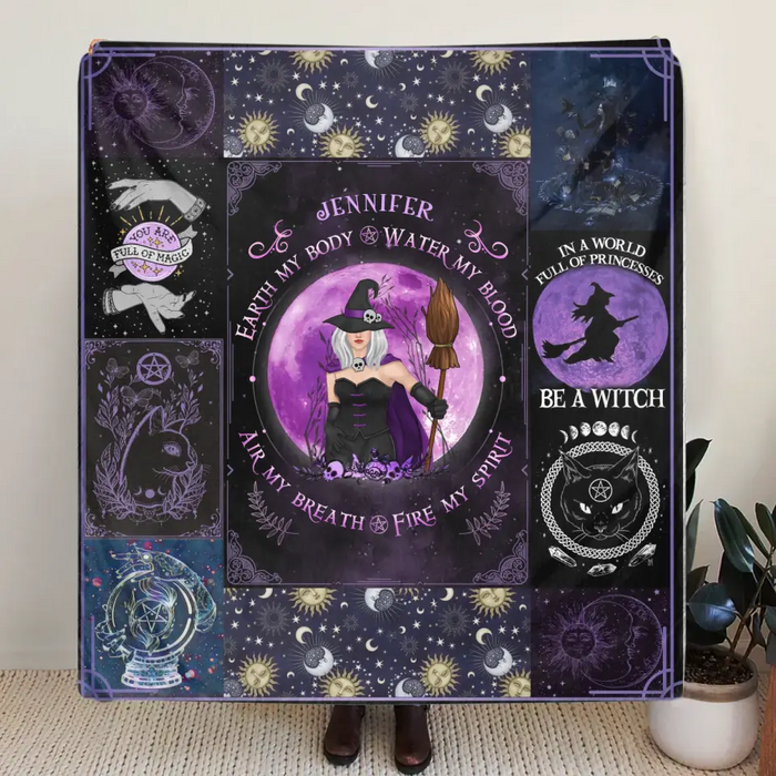 Custom Personalized Witch Quilt/Single Layer Fleece Blanket - Halloween Gift Idea For Witch Lovers - Earth My Body Water My Blood Air My Breath Fire My Spirit