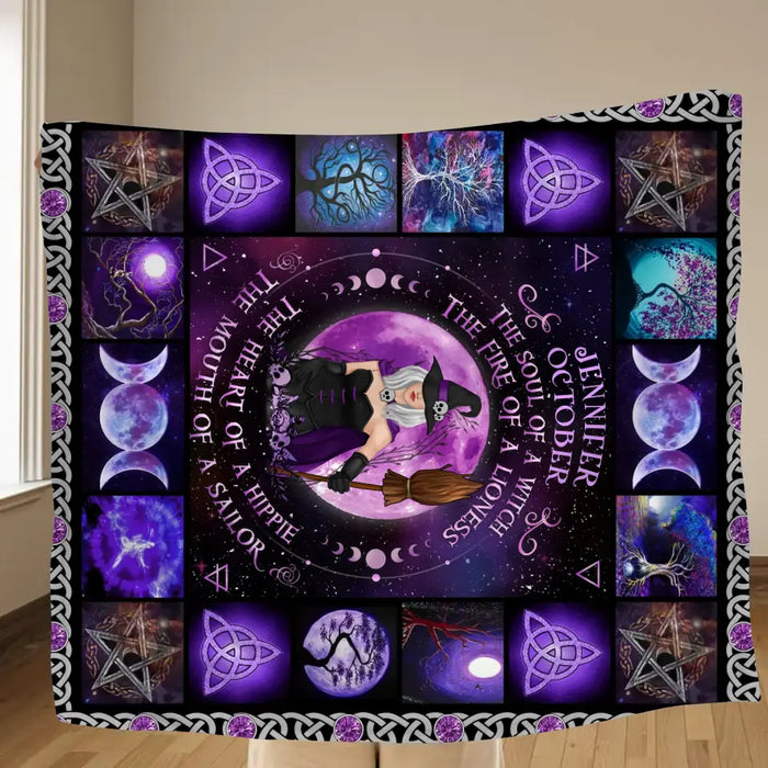 Personalized Witch Quilt/Fleece Blanket - Halloween Gift Idea For Witch Lovers - October Woman The Soul of A Witch The Fire Of A Lioness