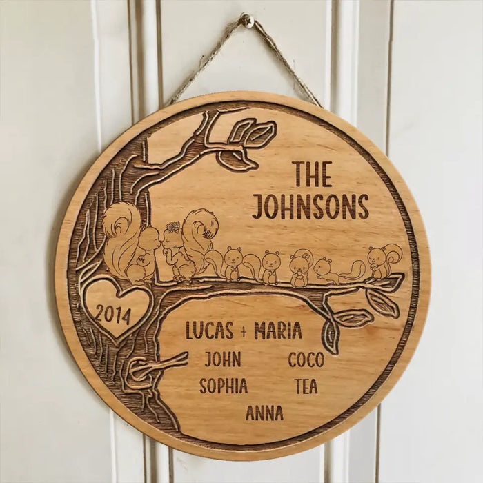 Custom Personalized Couple Family Circle Wooden Sign - Adult/ Couple With Up to 7 Kids - Gift Idea For Owl/ Bird/Squirrel Lover