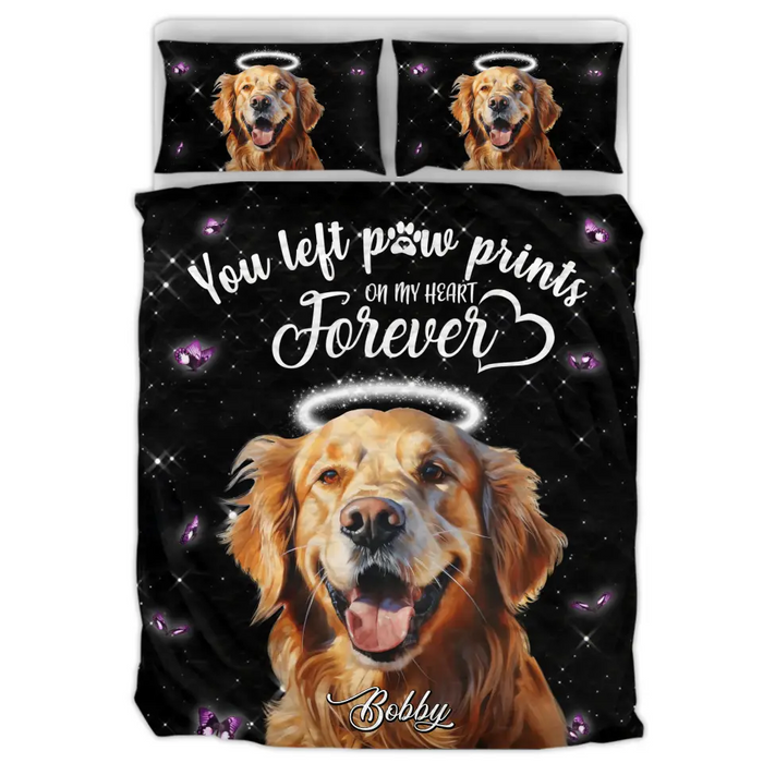 Custom Personalized Memorial Pet Quilt Bed Set - Custom Pet Portrait - Memorial Gift Idea For Dog/Cat Lover - You Left Paw Prints On My Heart Forever