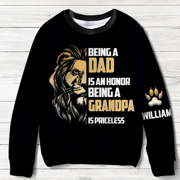 Custom Personalized Lion AOP Sweater - Upto 10 Children - Gift Idea for Father/Grandpa/Family - Being A Dad Is An Honor Being A Grandpa Is Priceless