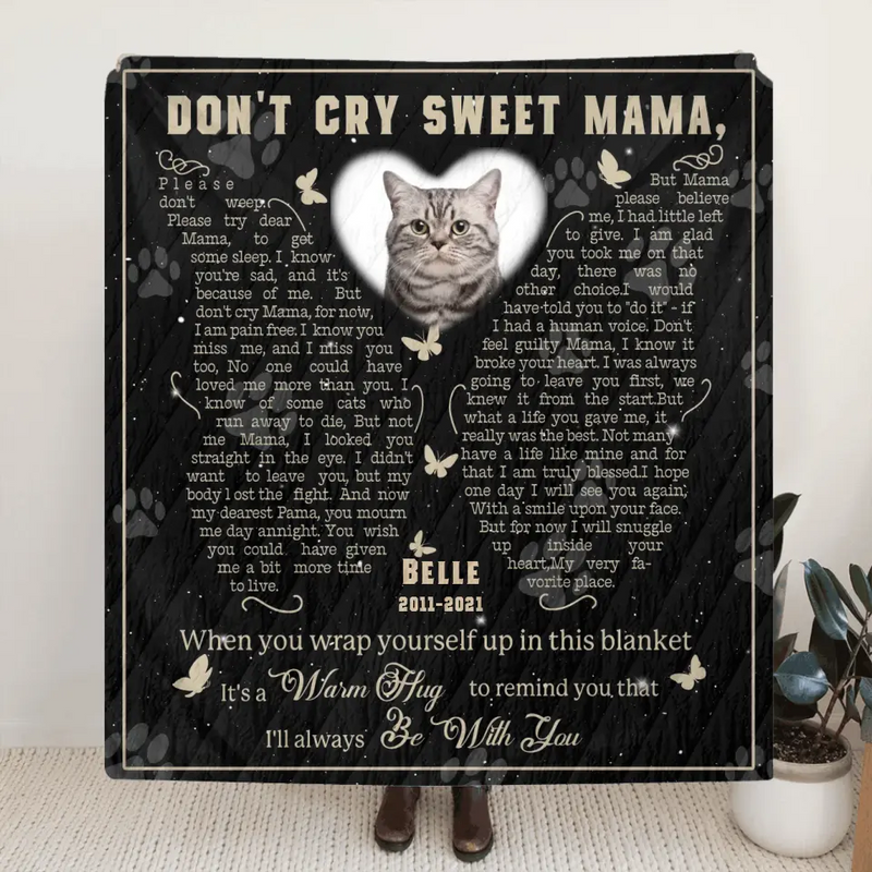 Personalized Memorial Fleece Throw Blanket & Quilt - Memorial Gift Idea For Pet Lover - Upload Photo - Don't Cry Sweet Mama