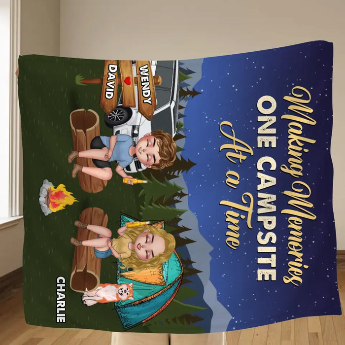 Personalized Camping Quilt/Single Layer Fleece Blanket - Gift Idea For Couple/Dog Lovers - Making Memories One Campsite At A Time