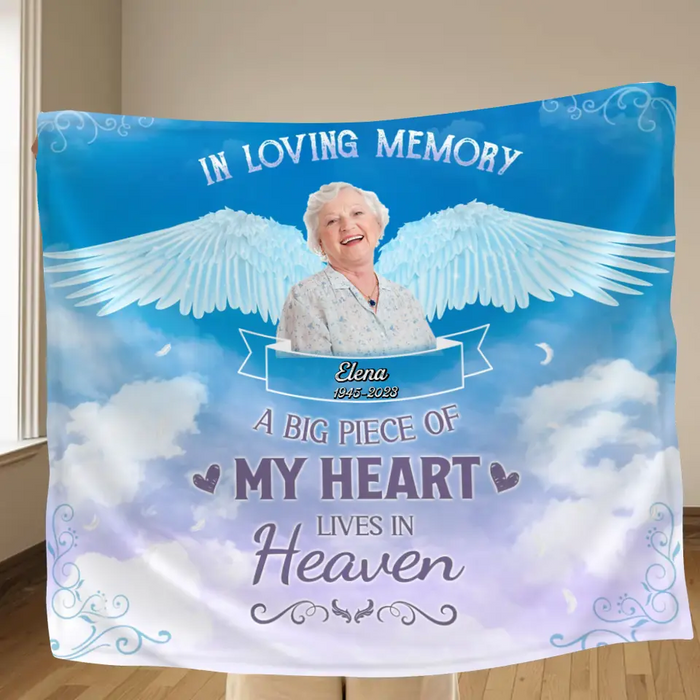 Custom Personalized Memorial Photo Single Layer Fleece Blanket - Memorial Gift Idea For Family Member - A Big Piece Of My Heart Lives In Heaven