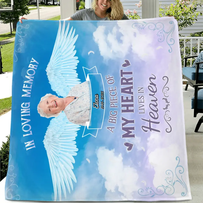 Custom Personalized Memorial Photo Single Layer Fleece Blanket - Memorial Gift Idea For Family Member - A Big Piece Of My Heart Lives In Heaven