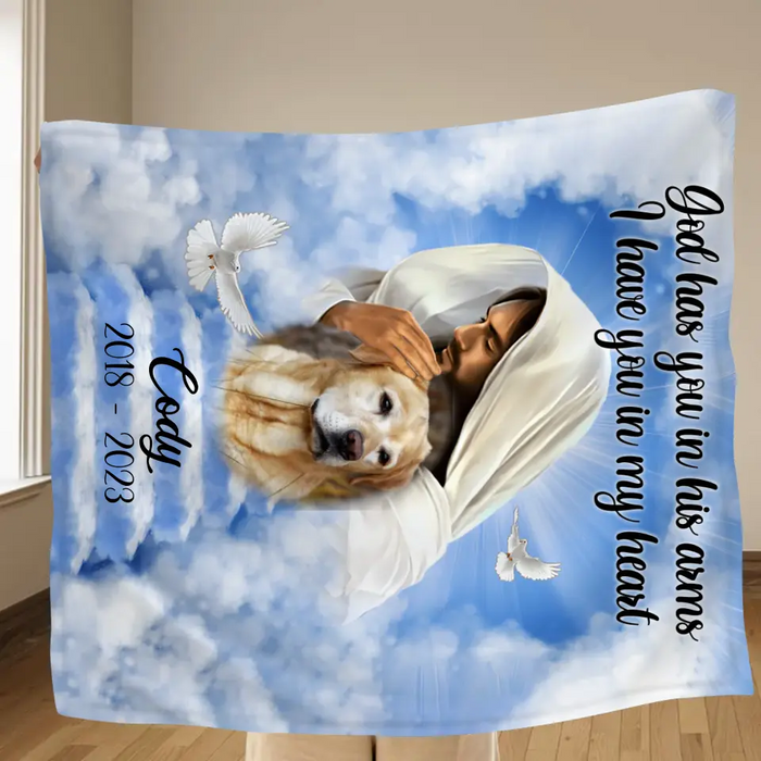 Personalized Memorial Pet Quilt/Single Layer Fleece Blanket - Upload Photo - Memorial Gift Idea For Pet Owners - God Has You In His Arms I Have You In My Heart