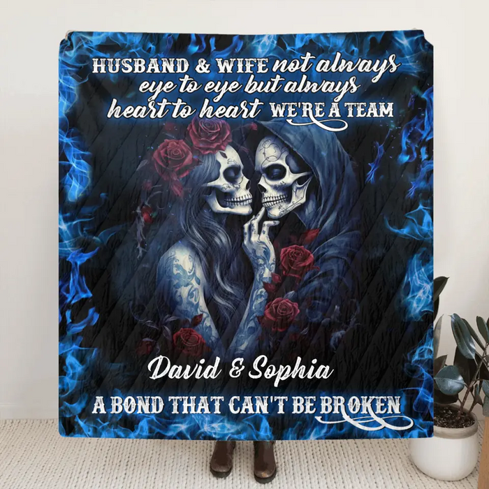 Custom Personalized Skull Couple Quilt/Single Layer Fleece Blanket - Memorial Gift Idea For Him/Her - Husband & Wife Not Always Eye To Eye