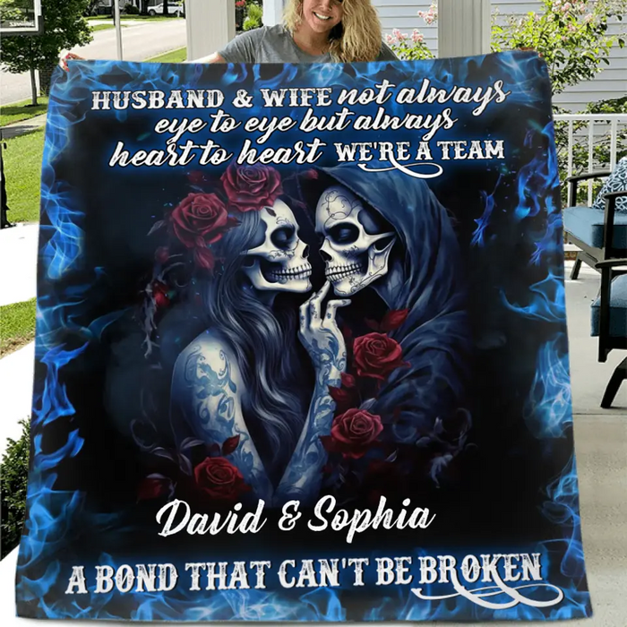 Custom Personalized Skull Couple Quilt/Single Layer Fleece Blanket - Memorial Gift Idea For Him/Her - Husband & Wife Not Always Eye To Eye