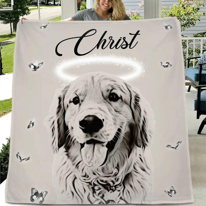 Custom Personalized Memorial Pet Pen Art Portrait Single Layer Fleece Blanket - Upload Photo - Memorial Gift Idea For Dog/Cat Lover