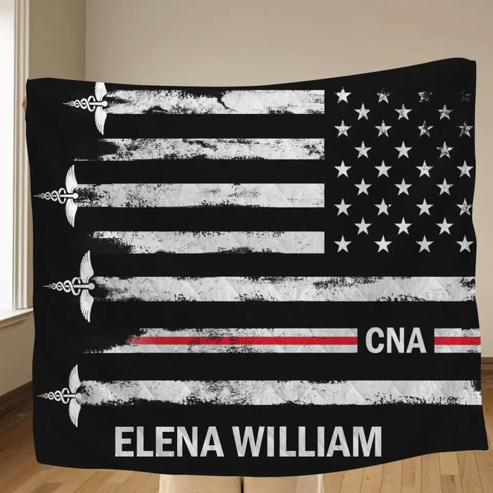 Custom Personalized US Healthcare Worker Quilt/ Single Layer Fleece Blanket - Gift Idea To CNA